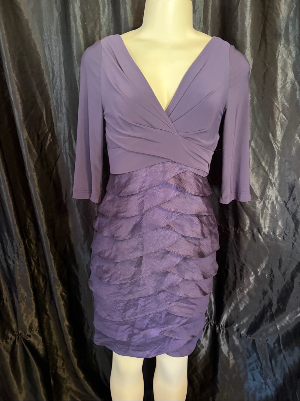 Adrianna Papell Lavender Layered Ruffle V-Neck Midi Dress